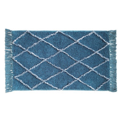 Tapis de Salle de Bain Rectangulaire 50 x 90 cm en Coton Bleu avec Motifs Losanges et Franges - Style Berbère - FLUFFY