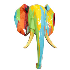 Statuette murale trophée éléphant multicolore en résine - vue de face - DUBO