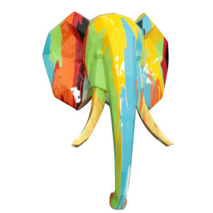 Statuette murale trophée éléphant multicolore en résine - vue de face - DUBO