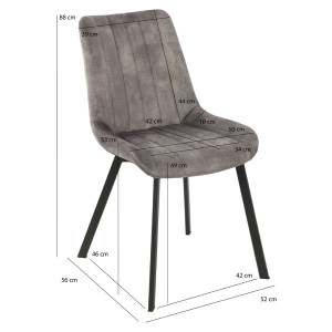 Chaise capitonnée en velours gris et pieds métal noir - EMMA - photo dimensions
