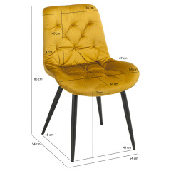 Chaise design en velours capitonné jaune pieds métal noir - ANNA - photo dimensions