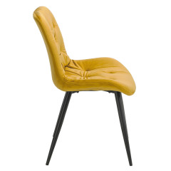 Chaise design en velours capitonné jaune pieds métal noir - ANNA - vue de profil