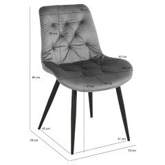 Chaise design en velours capitonné gris pieds métal noir - ANNA - photo dimensions