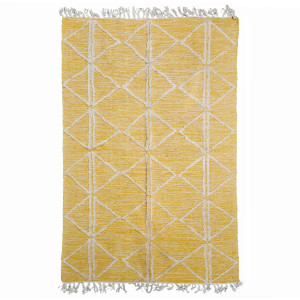 Tapis ethnique jaune en coton avec motifs et franges 120x180cm - MARA - vue verticale