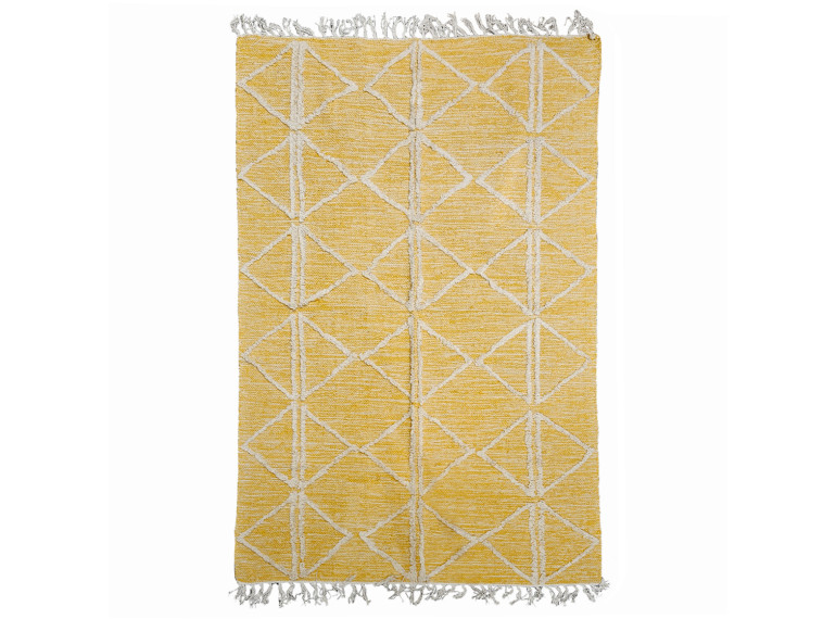 Tapis ethnique jaune en coton avec motifs et franges 120x180cm - MARA - vue verticale