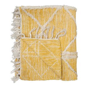 Tapis berbère jaune en coton motif losange avec frange  90x150cm - MARA - vue tapis plié