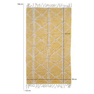 Tapis berbère jaune en coton motif losange avec frange  90x150cm - MARA - photo dimensions