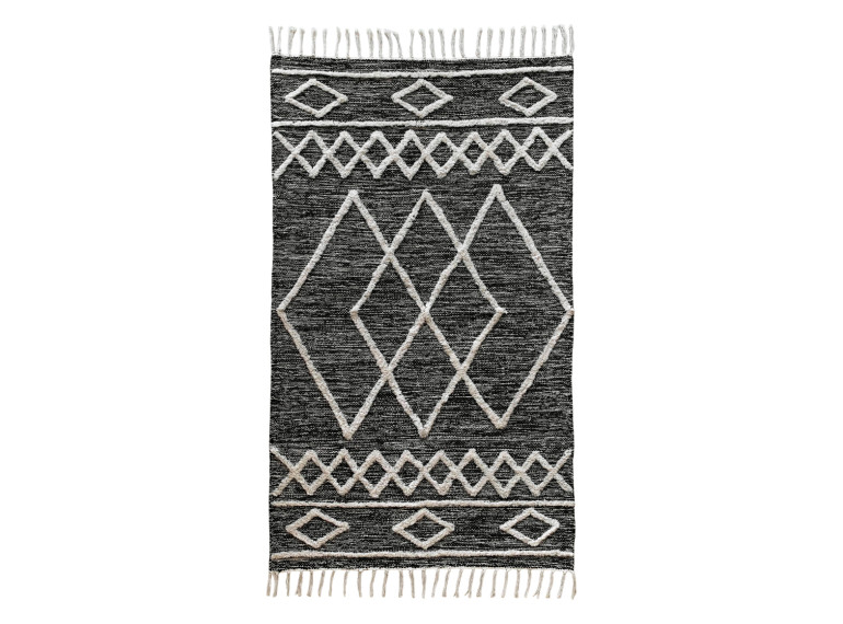 Tapis ethnique noir en coton avec motifs et franges 90x150cm - MARA - vue verticale
