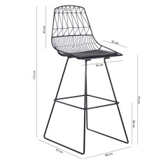 Chaise de bar en métal noir style industriel avec repose-pieds et coussin - PALERMO - photo dimensions
