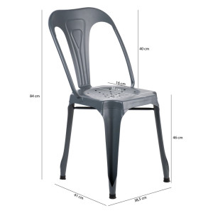 Chaises en métal gris style industriel avec perforations sur l'assise - STEAL - photo avec dimensions