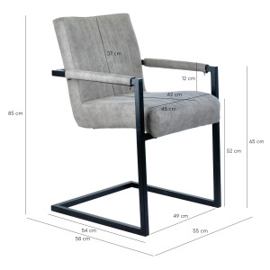 Chaise avec accoudoirs gris clair et pieds luge en métal noir - TOMMY - photo dimensions