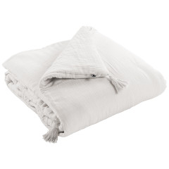 Édredon chemin de lit en gaze de coton 90x200 blanc avec pompons - GAIA - vue plié