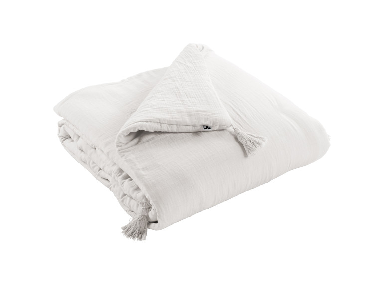 Édredon chemin de lit en gaze de coton 90x200 blanc avec pompons - GAIA - vue plié