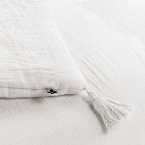 Édredon chemin de lit en gaze de coton 90x200 blanc avec pompons - GAIA  - zoom pompon