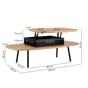 Table basse en bois avec plateau relevable et coffre de rangement - JOYCE 303 - photo avec dimensions