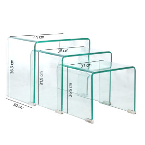 Set de 3 tables basses gigognes en verre trempé H.36cm - BENT - vue avec dimensions