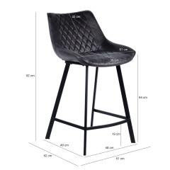 Chaise de bar design en tissu simili noir et pieds métal - XENA - photo dimensions