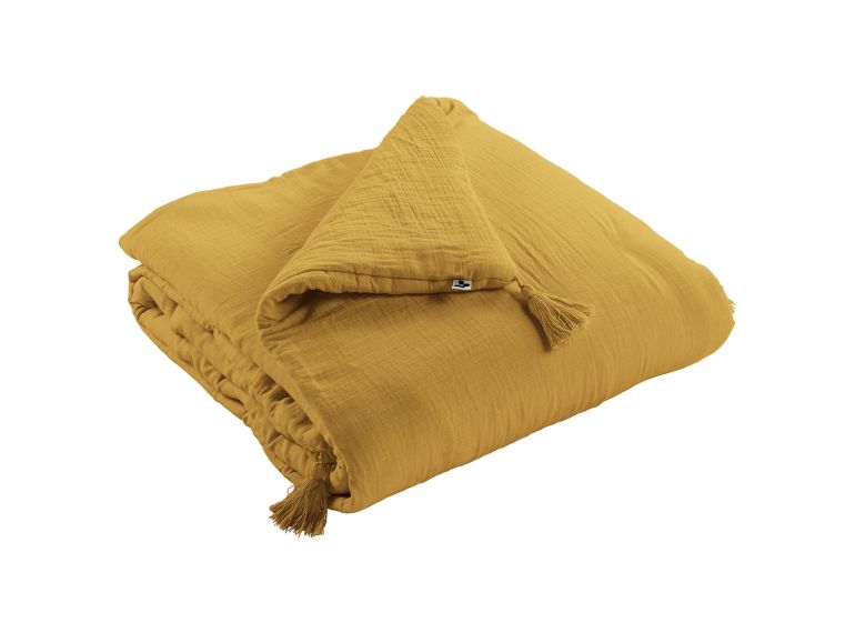 Édredon chemin de lit en gaze de coton 90x200 jaune avec pompons - GAIA - vue plié