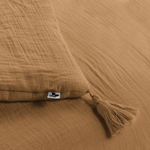 Édredon chemin de lit en gaze de coton 90x200 camel avec pompons - GAIA - vue plié