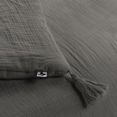 Édredon chemin de lit en gaze de coton 90x200 gris avec pompons - GAIA - vue plié