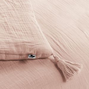 Édredon chemin de lit en gaze de coton 90x200 rose avec pompons - GAIA - vue plié