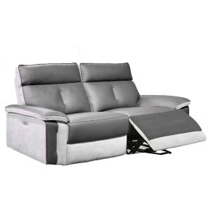 Canapé relax électrique 2.5 places en cuir gris - ROBIN - vue 3/4 relax dépliée