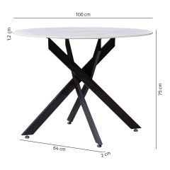 Table à manger ronde en céramique blanc marbré D.100cm - STONE - photo avec dimensions