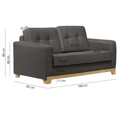 Canapé 2 places en tissu gris dossier capitonné pieds bois L.160 cm - PRETTY - photo dimensions