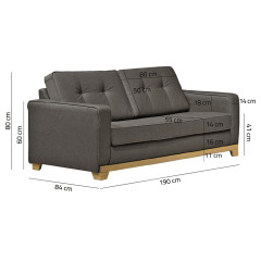 Canapé 3 places en tissu gris dossier capitonné pieds bois L. 190 cm - PRETTY - photo dimensions