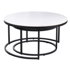 Table basse ronde gigogne en céramique blanc marbré et métal noir - ODESSA - vue table empilée
