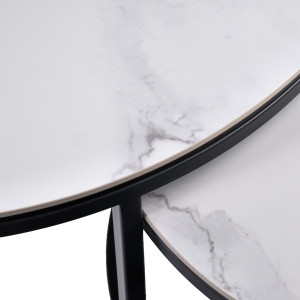 Table basse ronde gigogne en céramique blanc marbré et métal noir - ODESSA - zoom effet marbre