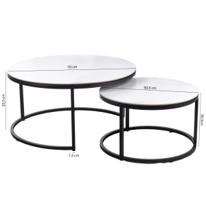 Table basse ronde gigogne en céramique blanc marbré et métal noir - ODESSA - photo avec dimensions