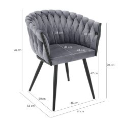 Chaise en velours matelassé avec accoudoirs gris  - MELODIE - photo avec dimensions