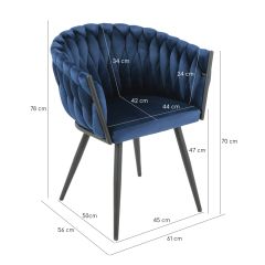 Chaise en velours matelassé avec accoudoirs bleu - MELODIE - photo avec dimensions