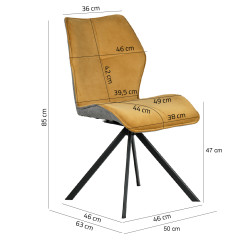 Chaise rotative 360° bicolore en velours et tissu & pieds en métal - jaune - vue des mesures - FLORENCE