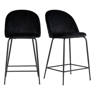 Lot de 2 chaises de bar en velours avec piètement en métal noir - Noir- vue de 3/4 & face - CLEA