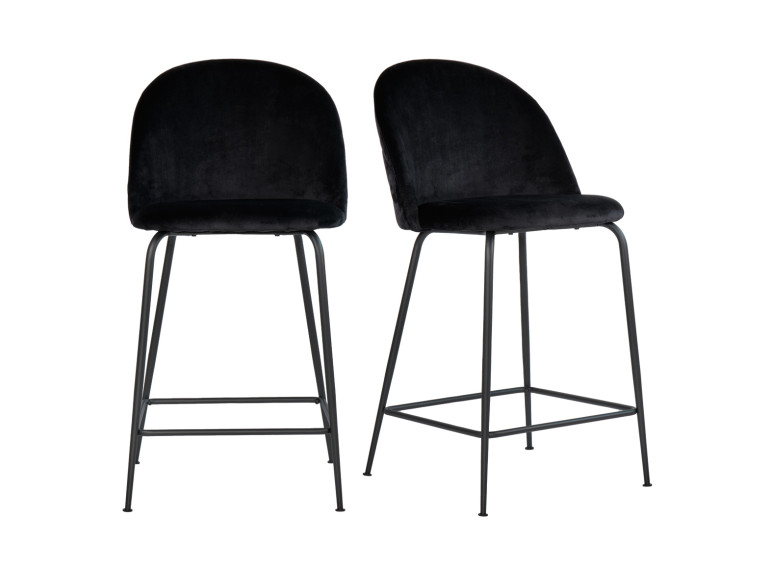 Lot de 2 chaises de bar en velours avec piètement en métal noir - Noir- vue de 3/4 & face - CLEA
