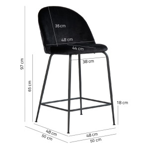 Lot de 2 chaises de bar en velours avec piètement en métal noir - Noir - vue mesures - CLEA