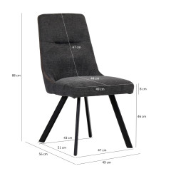 Chaise en tissu chiné avec liseré & pieds en métal - gris anthracite - vue mesures - DENIZA