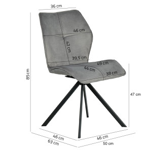 Chaise rotative 360° bicolore en velours et tissu & pieds en métal - gris - vue des mesures - FLORENCE