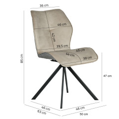 Chaise rotative 360° bicolore en velours et tissu & pieds en métal - beige - vue des mesures - FLORENCE