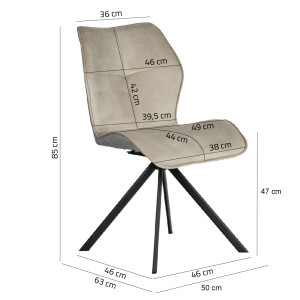 Chaise rotative 360° bicolore en velours et tissu & pieds en métal - beige - vue des mesures - FLORENCE