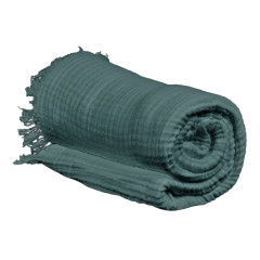 Plaid 180x220 cm en gaze de coton avec franges - vert canard - GAIA