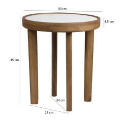 Table basse ronde 40 cm en marbre blanc et bois de manguier - MAYA