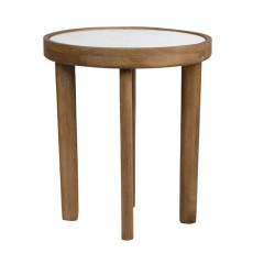 Table basse ronde 40 cm en marbre blanc et bois de manguier - MAYA