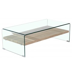 Table basse en verre trempé avec tablette en bois - vue de 3/4 - GLASS