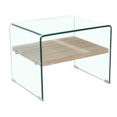 Bout de canapé en verre trempé transparent avec étagère en bois - vue de 3/4 - GLASS