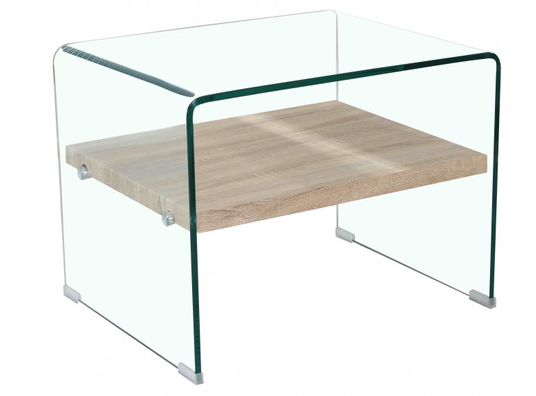 Bout de canapé en verre trempé transparent avec étagère en bois - vue de 3/4 - GLASS