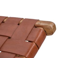 Chaise relax lounge en bois de teck et sangles croisées en cuir - PIOU