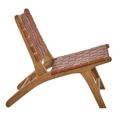 Chaise relax lounge en bois de teck et sangles croisées en cuir - PIOU